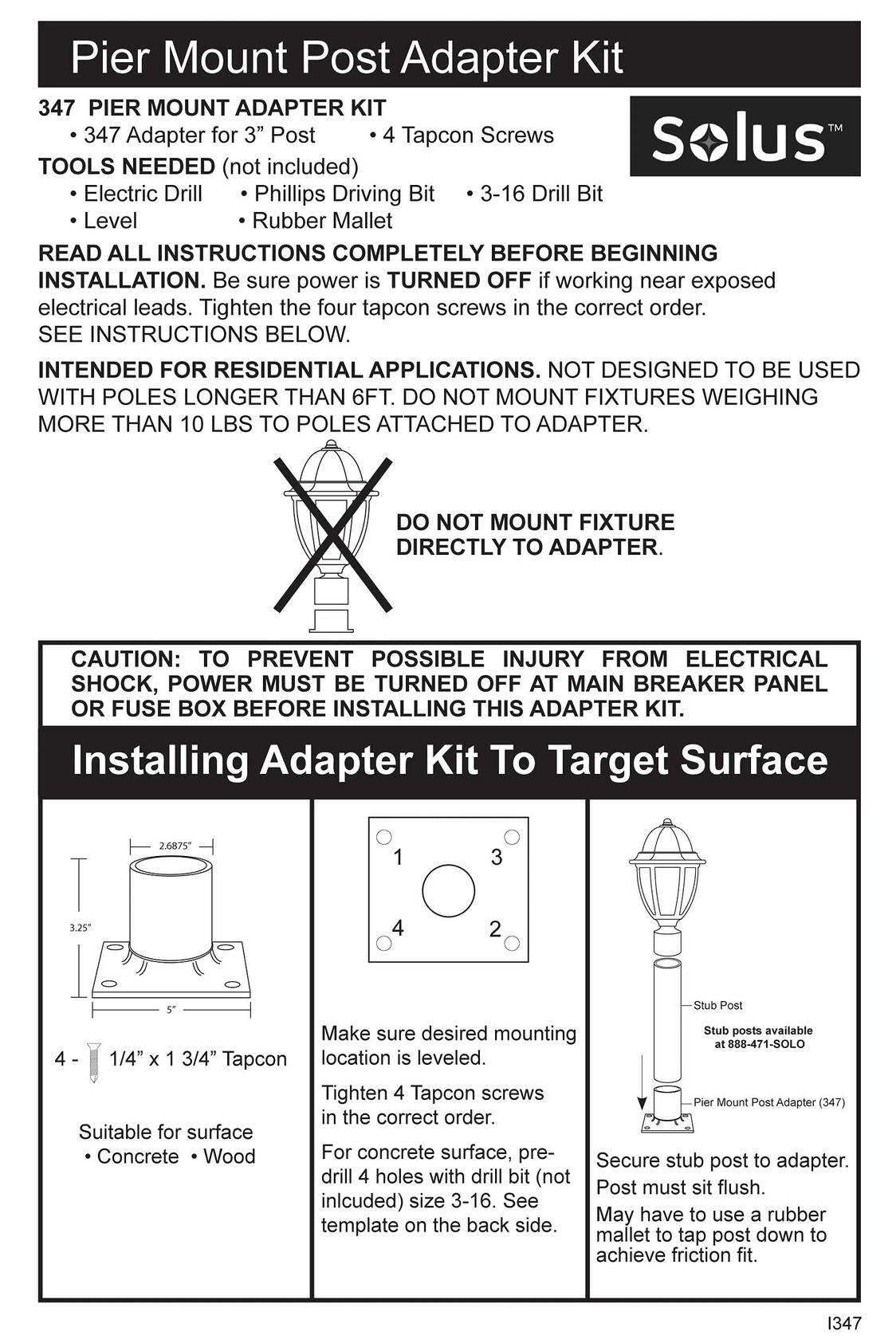 Solus S347-BK Pier Mount Adapter 3" Stub Post Black Aluminum with Hardware