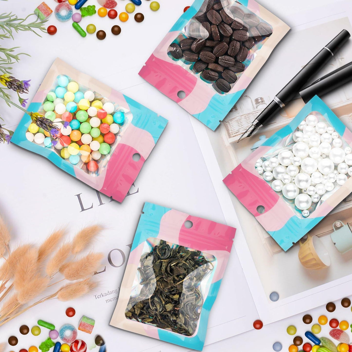 100pcs Holographic Mylar Zip Bags 6.3x9.4” Clear Window Resealable