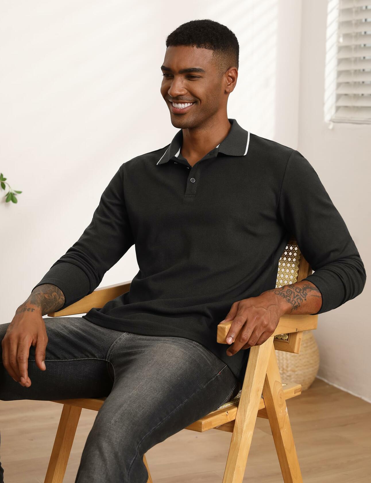 Thkzn Men’s Fleece Lined Polo Shirt Long Sleeve Button Golf Casual Black 2XL