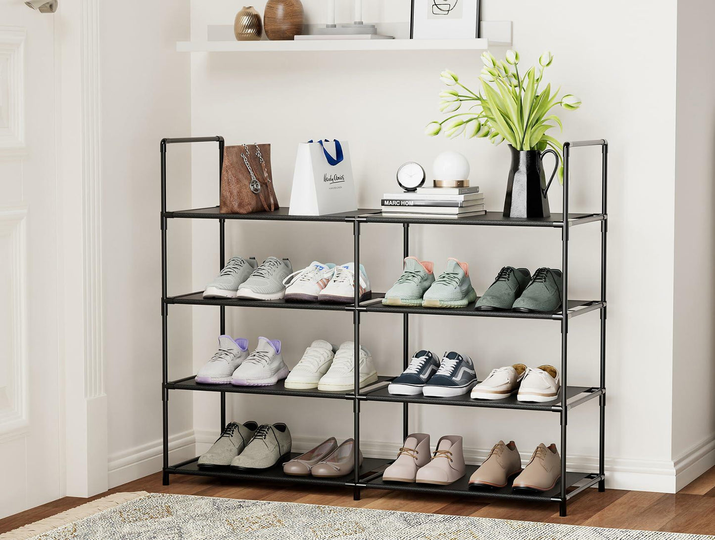 FIDUCIAL HOME 4 Tier Shoe Rack Organizer Stackable Storage Shelf Black