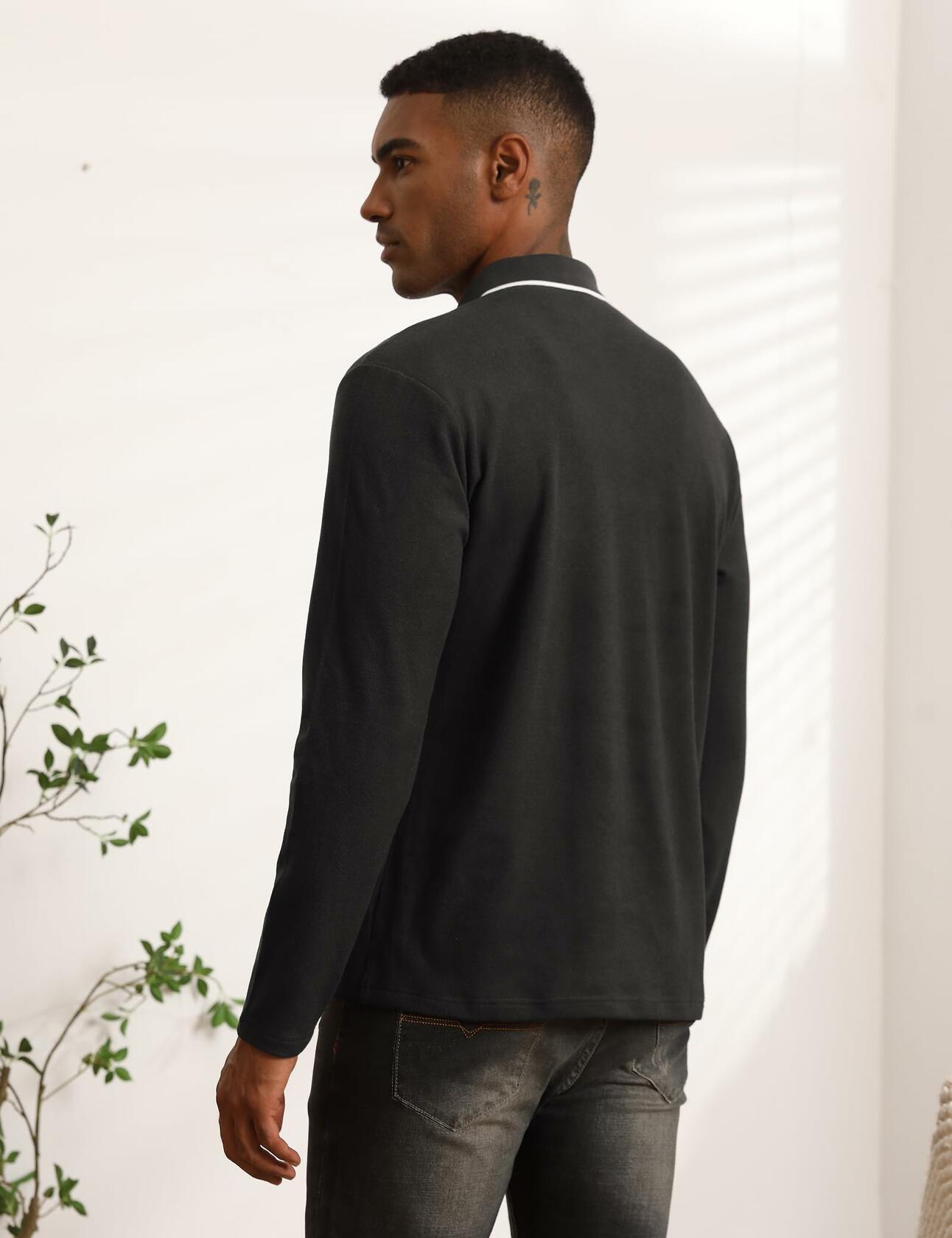 Thkzn Men’s Fleece Lined Polo Shirt Long Sleeve Button Golf Casual Black 2XL