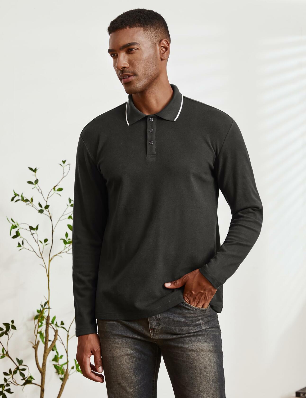 Thkzn Men’s Fleece Lined Polo Shirt Long Sleeve Button Golf Casual Black 2XL