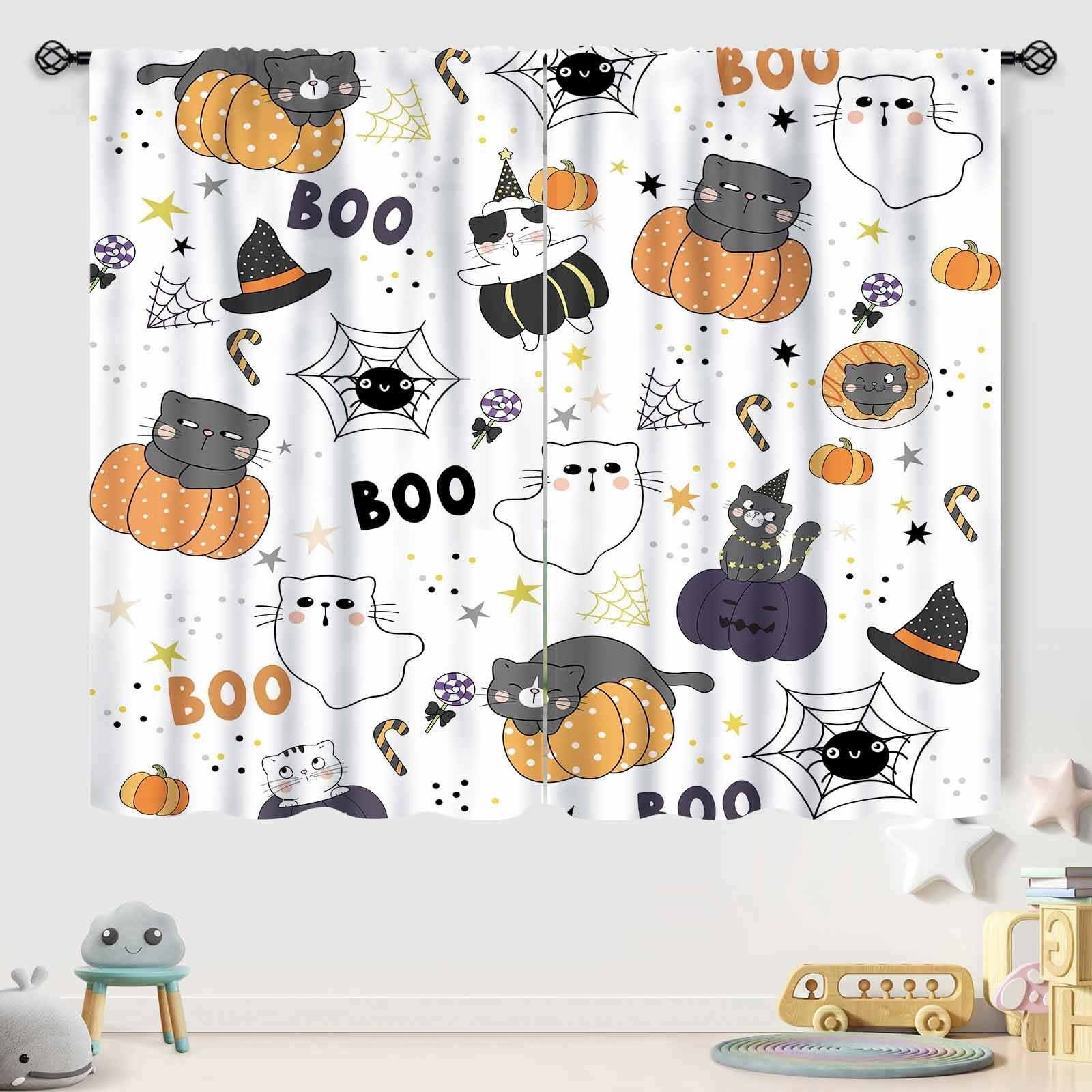 Lnepty Halloween Kids Curtains Cute Cat Pumpkin Ghost 42x45 2 Panels