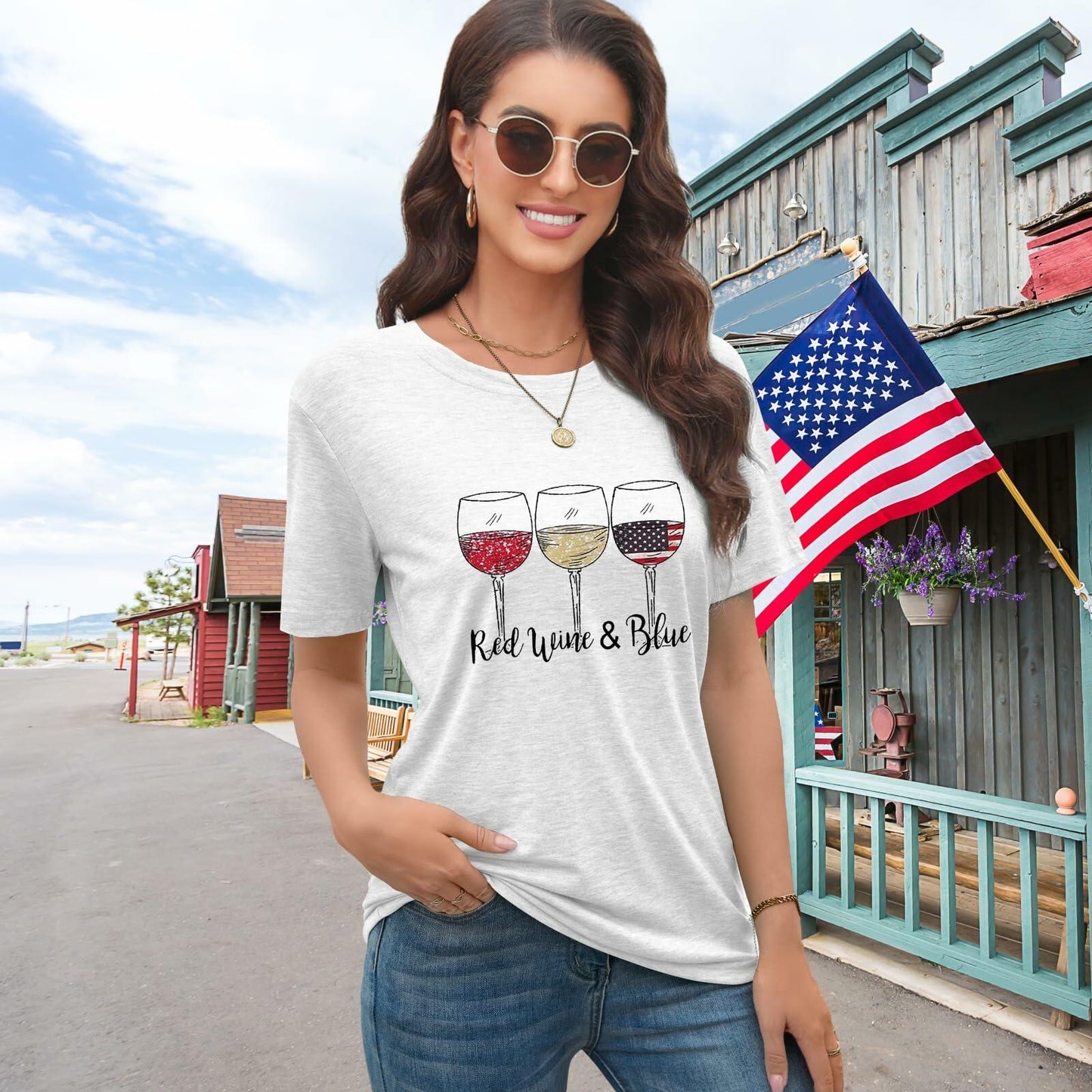 EUOW Women’s American Flag Patriotic T-Shirt 4th of July USA Tee 2XL