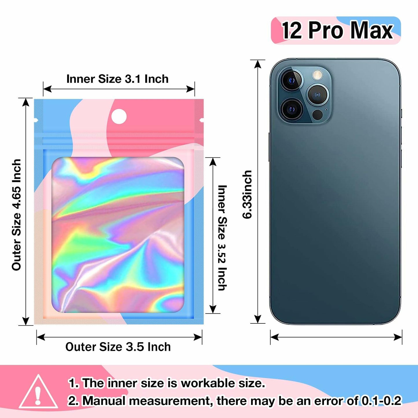 100pcs Holographic Mylar Zip Bags 6.3x9.4” Clear Window Resealable