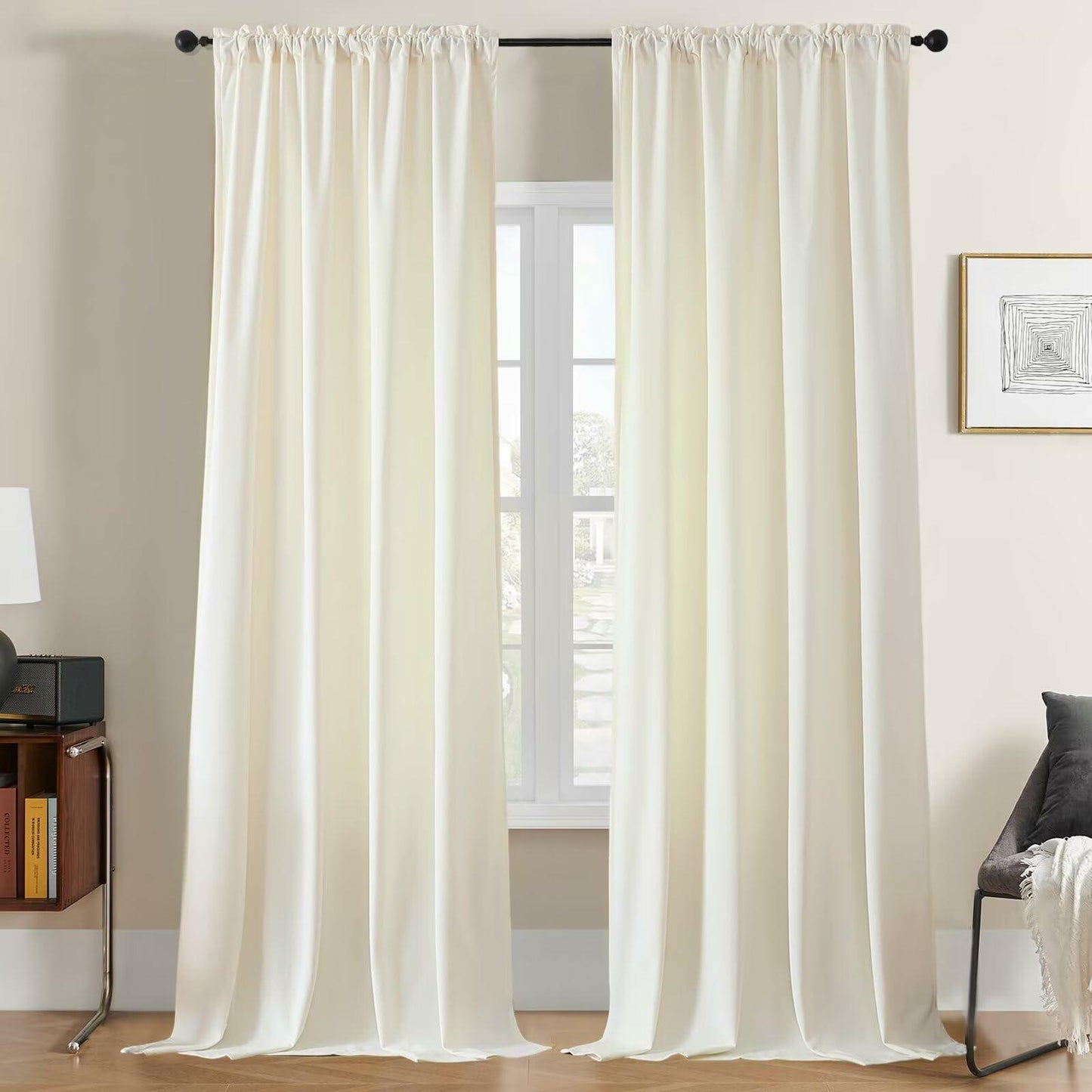 Joydeco White Velvet Blackout Curtains 90” 2 Panels Thermal Insulated Drapes