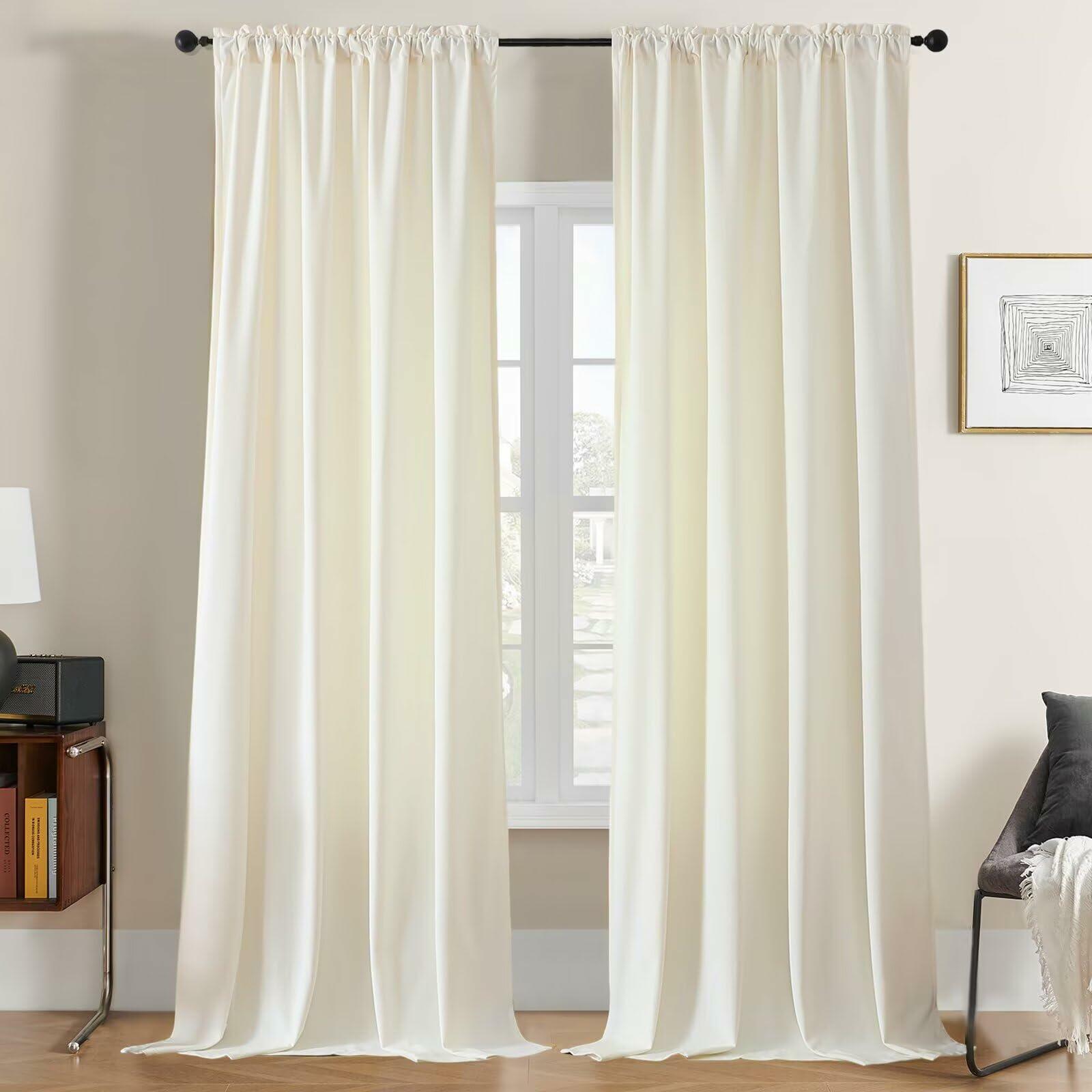 Joydeco White Velvet Blackout Curtains 90” 2 Panels Thermal Insulated Drapes