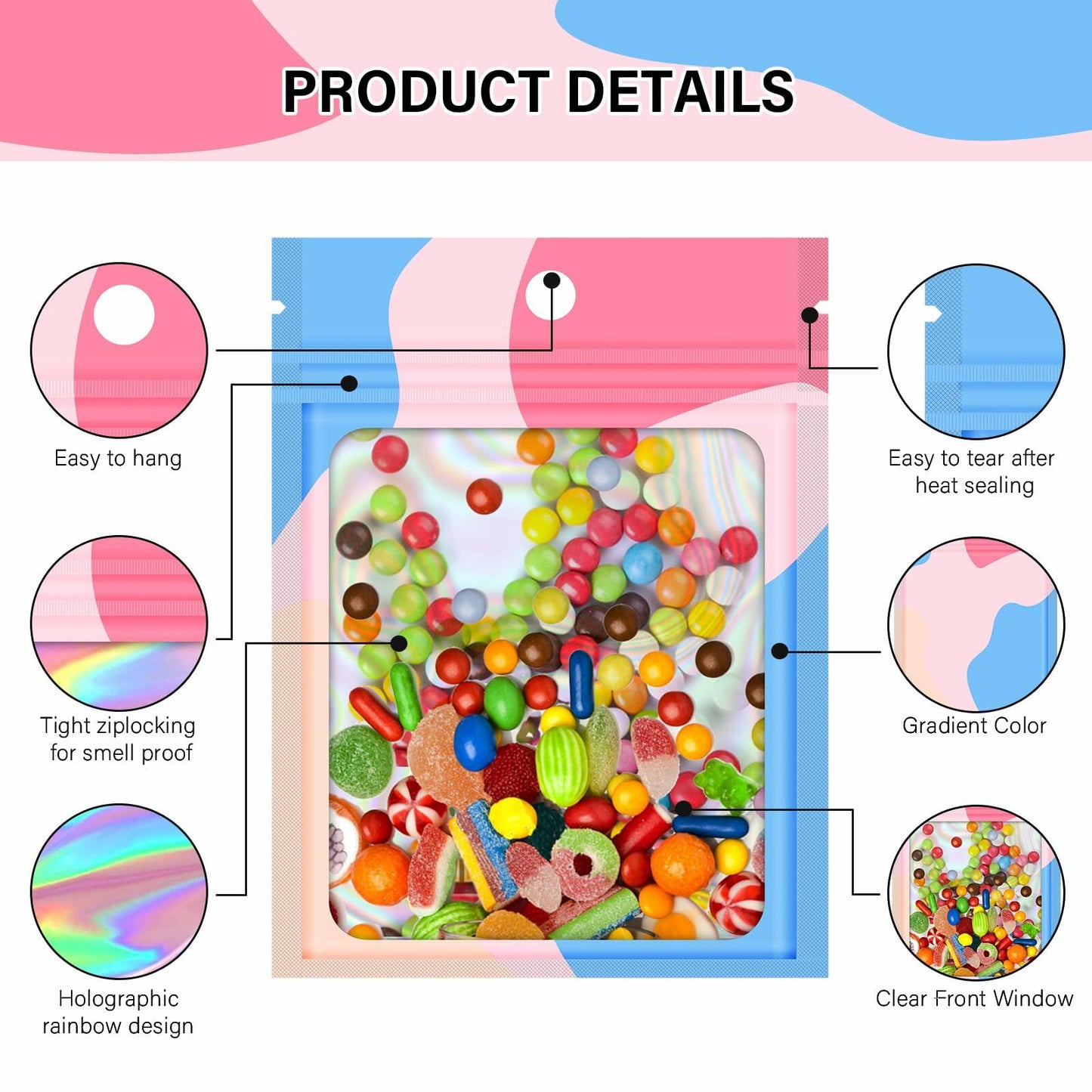 100pcs Holographic Mylar Zip Bags 6.3x9.4” Clear Window Resealable