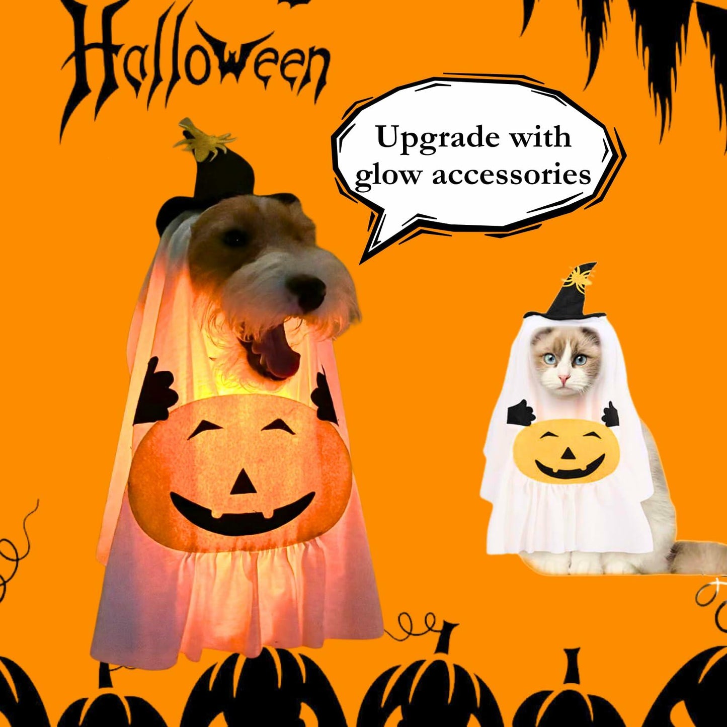 Dog Cat Halloween Pumpkin Ghost Costume Funny Cute Pet Outfit Medium