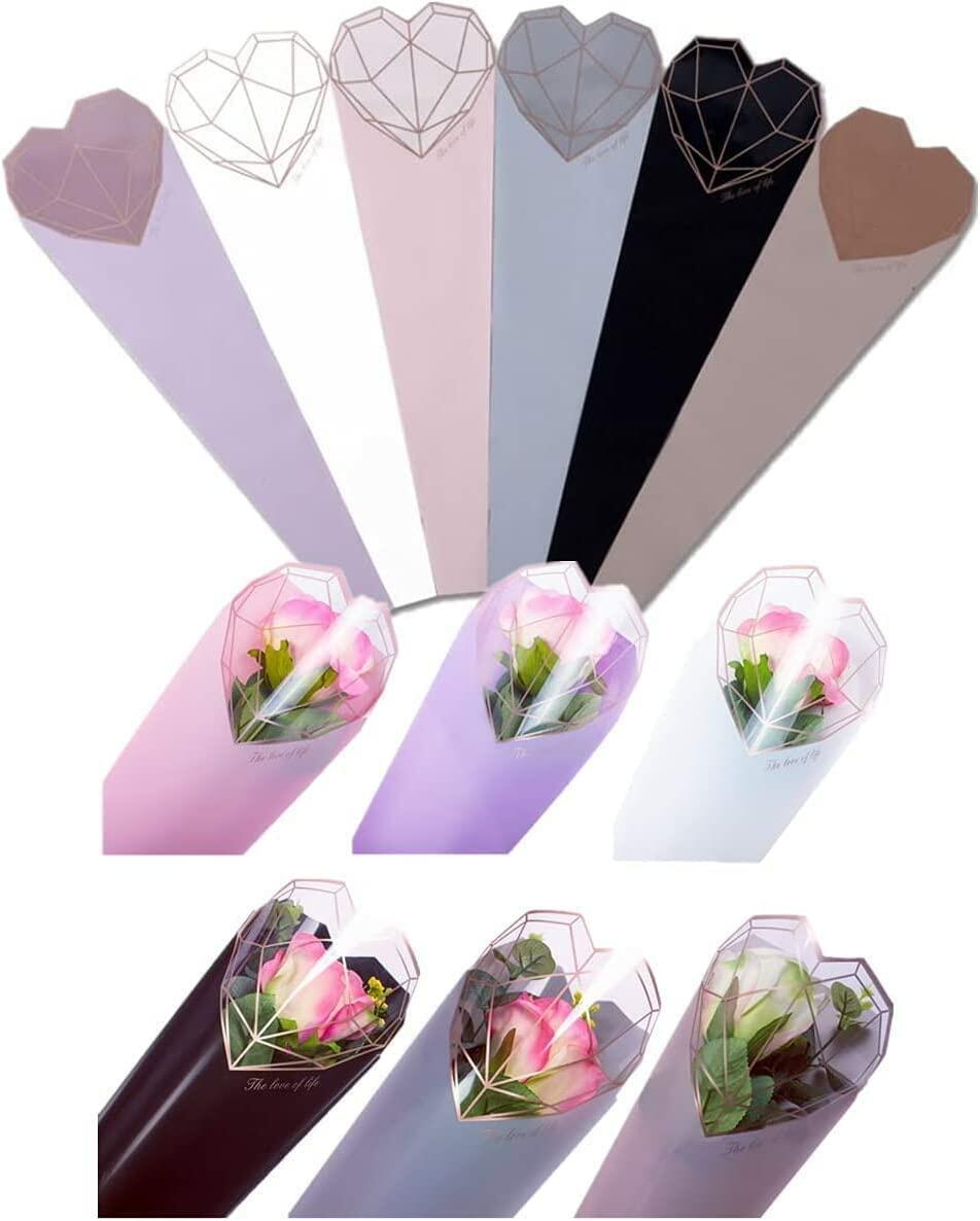 JOSON 24pcs Flower Packaging Bags 6 Colors Single Rose Diamond Heart Gift