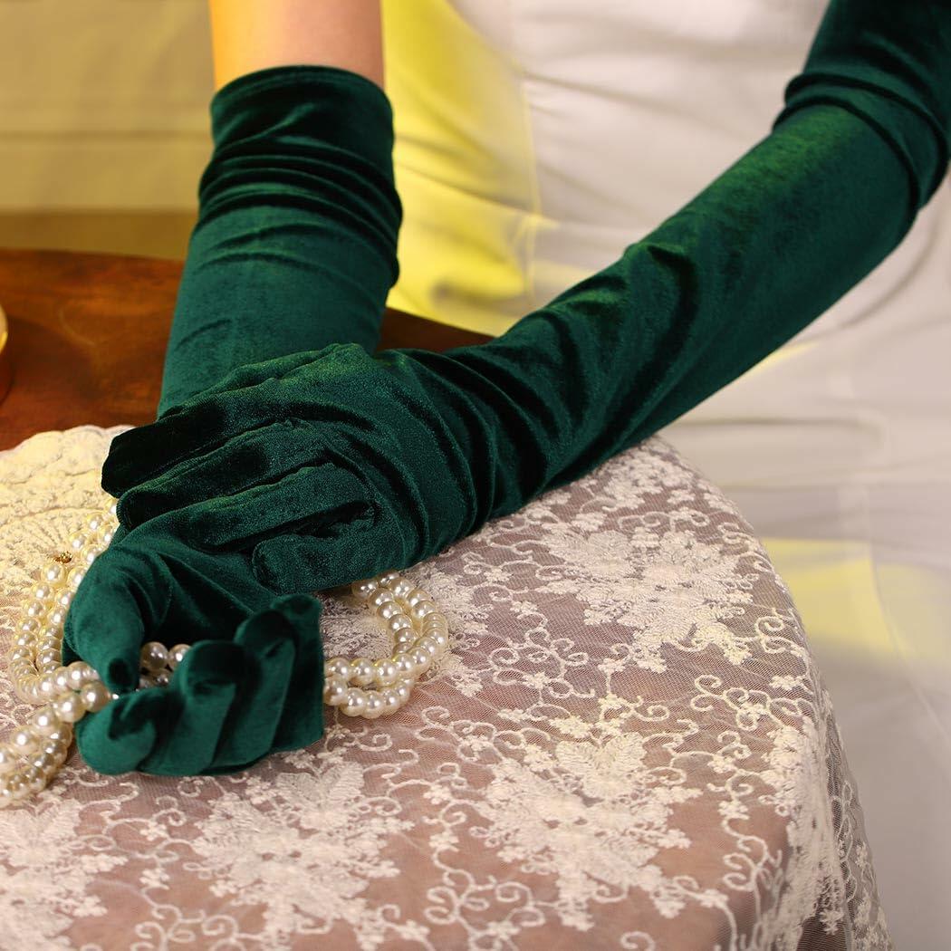Aularso Long Opera Gloves Green Velvet 1920s Flapper Evening Accessories