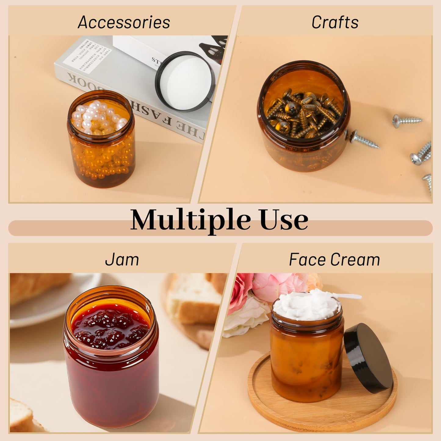 AuroTrends 8oz Amber Jars 6-Pack with Lids for Creams, Candles & DIY