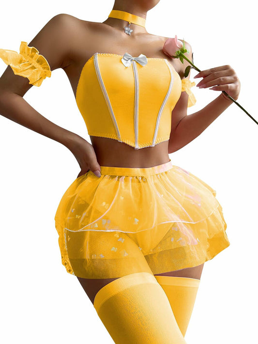OYOANGLE Women’s 6-Piece Babydoll Lingerie Set with Stockings Yellow L
