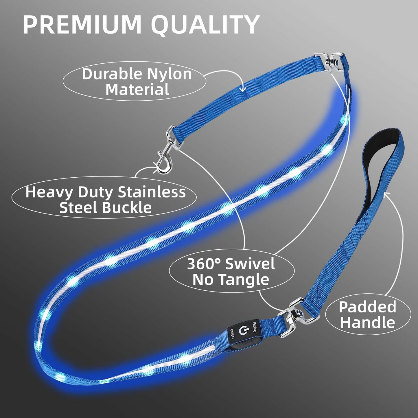 PetIsay Light-Up Dog Leash 6FT USB-C Rechargeable Waterproof White