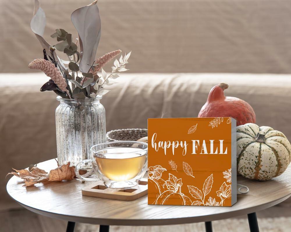ULEGIE Fall Pumpkin Wood Box Sign, 5x5 Inch, Orange Autumn Decor