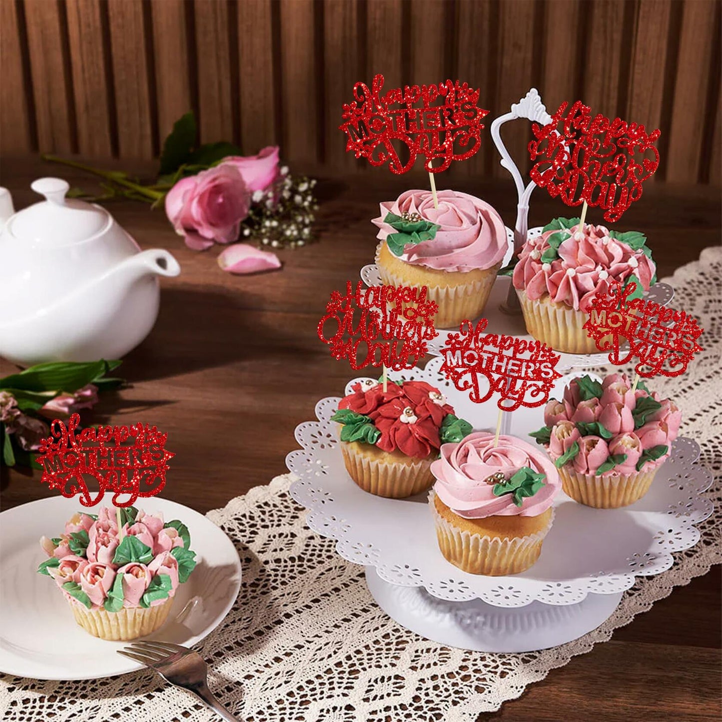 Gyufise 24PCS Happy Mother’s Day Cupcake Toppers Glitter Love Mom Picks