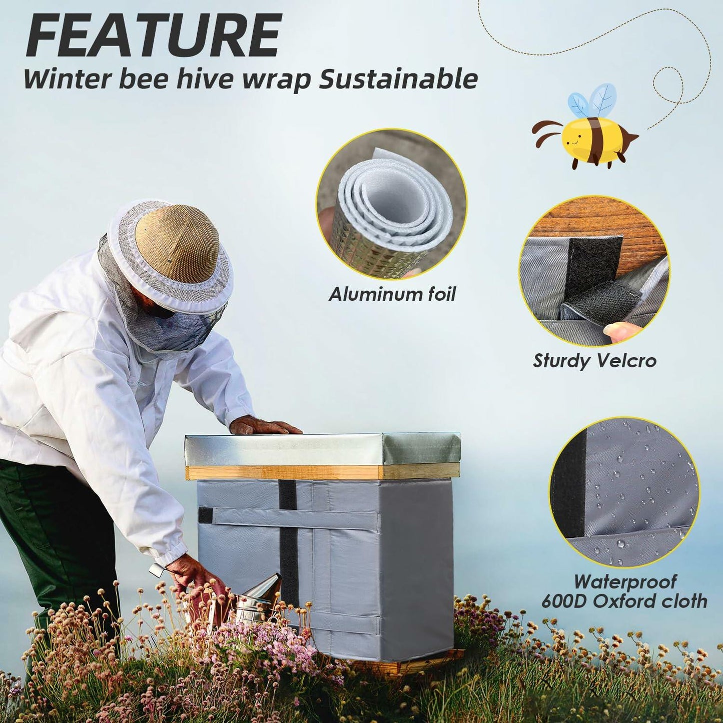 Adjustable Beehive Wrap Winter 8-10 Frame Insulated Bee Hive Cover Reusable