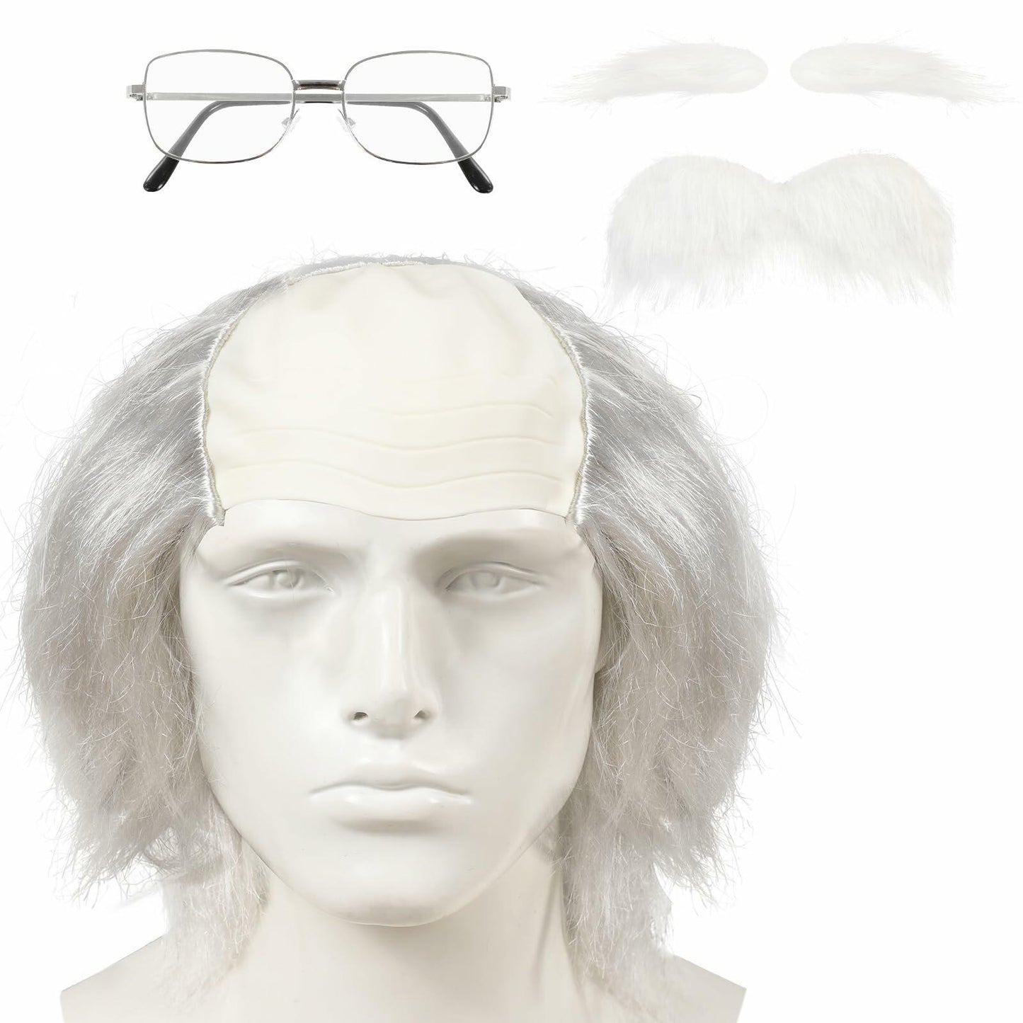 WEFONLLICOS Old Man Bald Cap Wig White Hair Grandpa Mustache Eyebrows Glasses