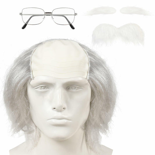 WEFONLLICOS Old Man Bald Cap Wig White Hair Grandpa Mustache Eyebrows Glasses
