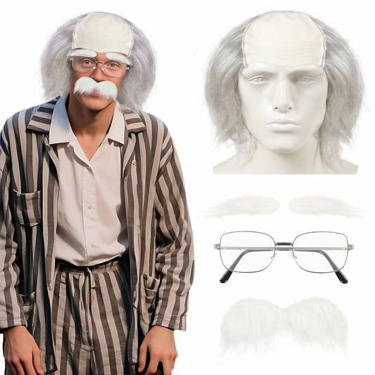 WEFONLLICOS Old Man Bald Cap Wig White Hair Grandpa Mustache Eyebrows Glasses