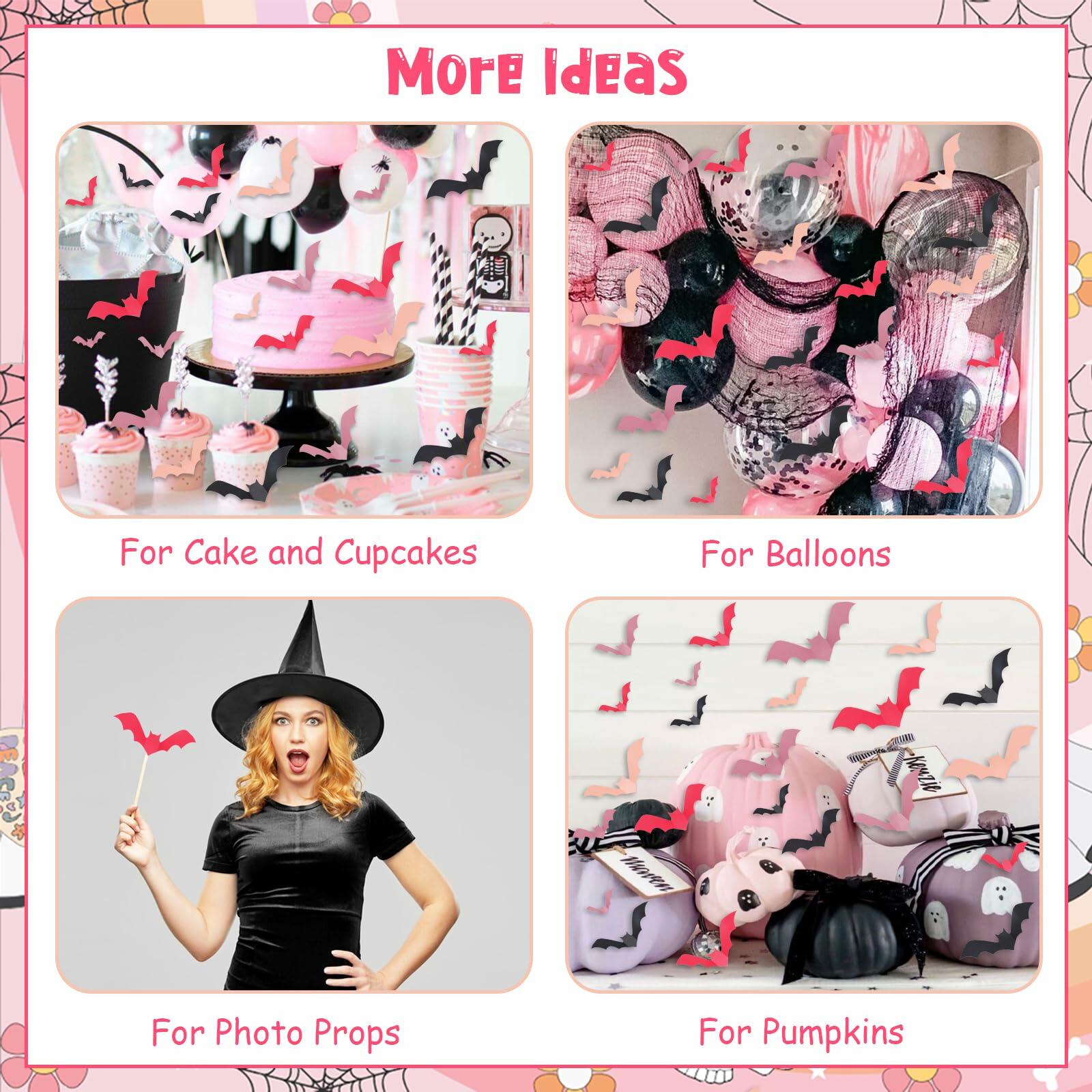 Sursurprise 48PCS 3D Halloween Bat Wall Stickers Pink Black Party Decor