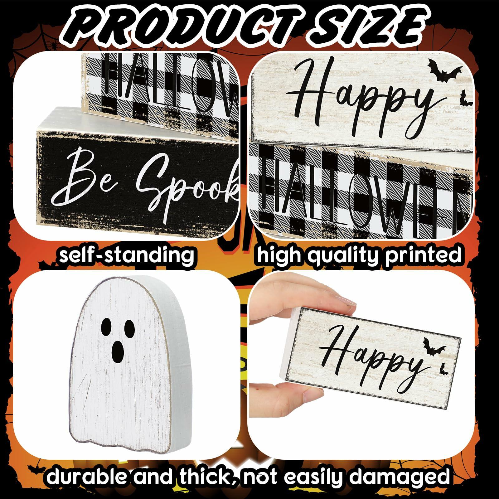 Yalikop Halloween Ghost Table Decor Wooden Block Signs Farmhouse 4 Pcs