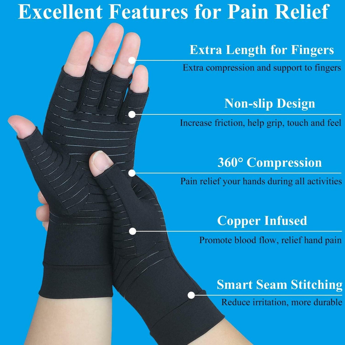 2 Pairs Copper Arthritis Gloves Fingerless Compression Pain Relief XL
