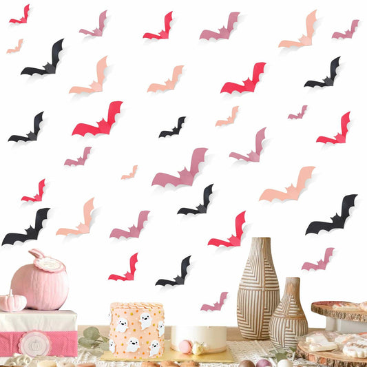 Sursurprise 48PCS 3D Halloween Bat Wall Stickers Pink Black Party Decor