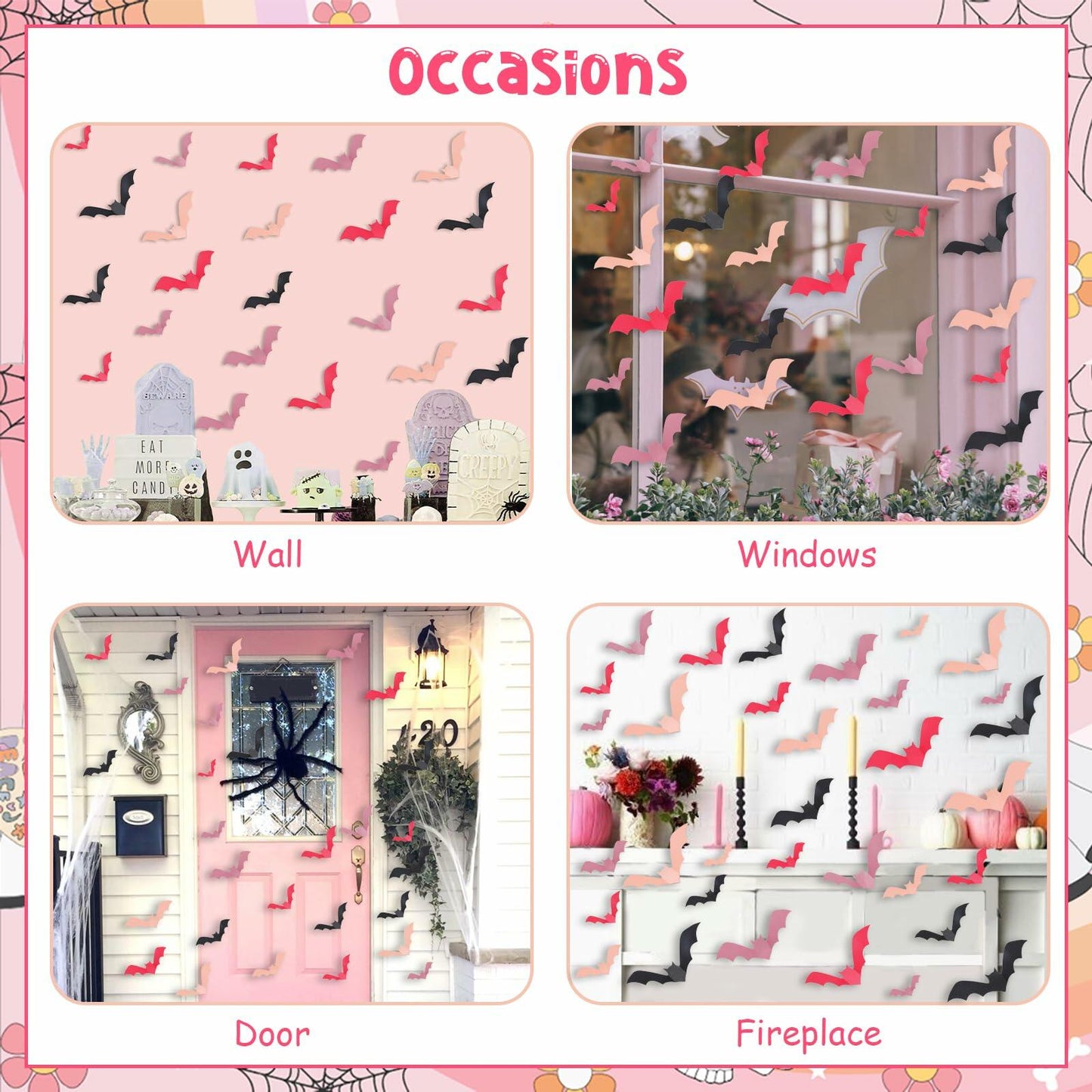 Sursurprise 48PCS 3D Halloween Bat Wall Stickers Pink Black Party Decor