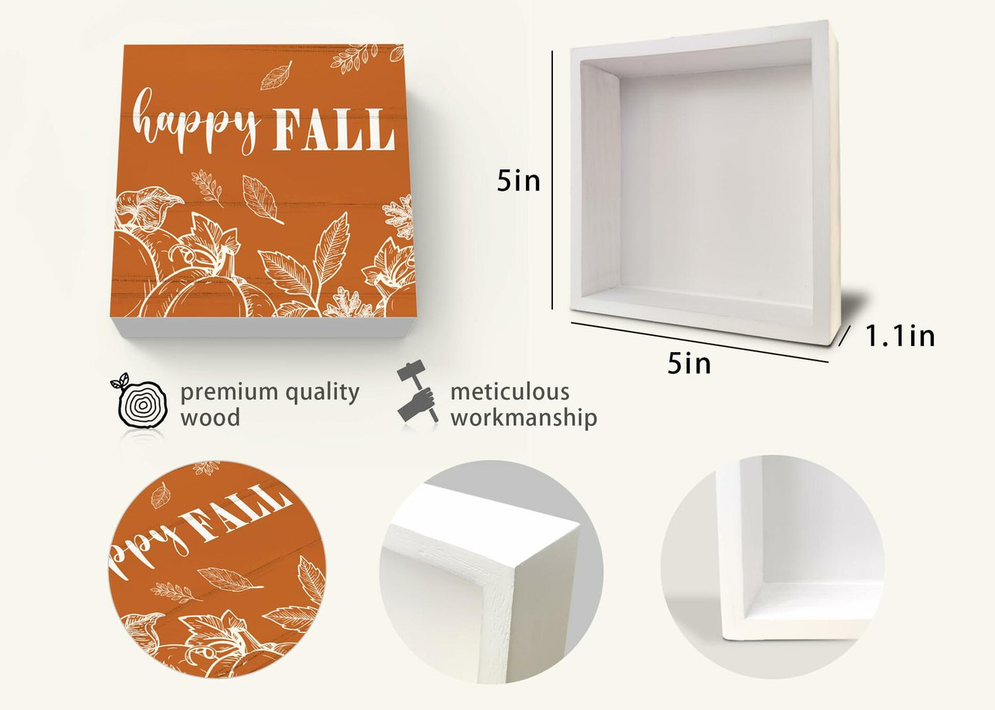 ULEGIE Fall Pumpkin Wood Box Sign, 5x5 Inch, Orange Autumn Decor