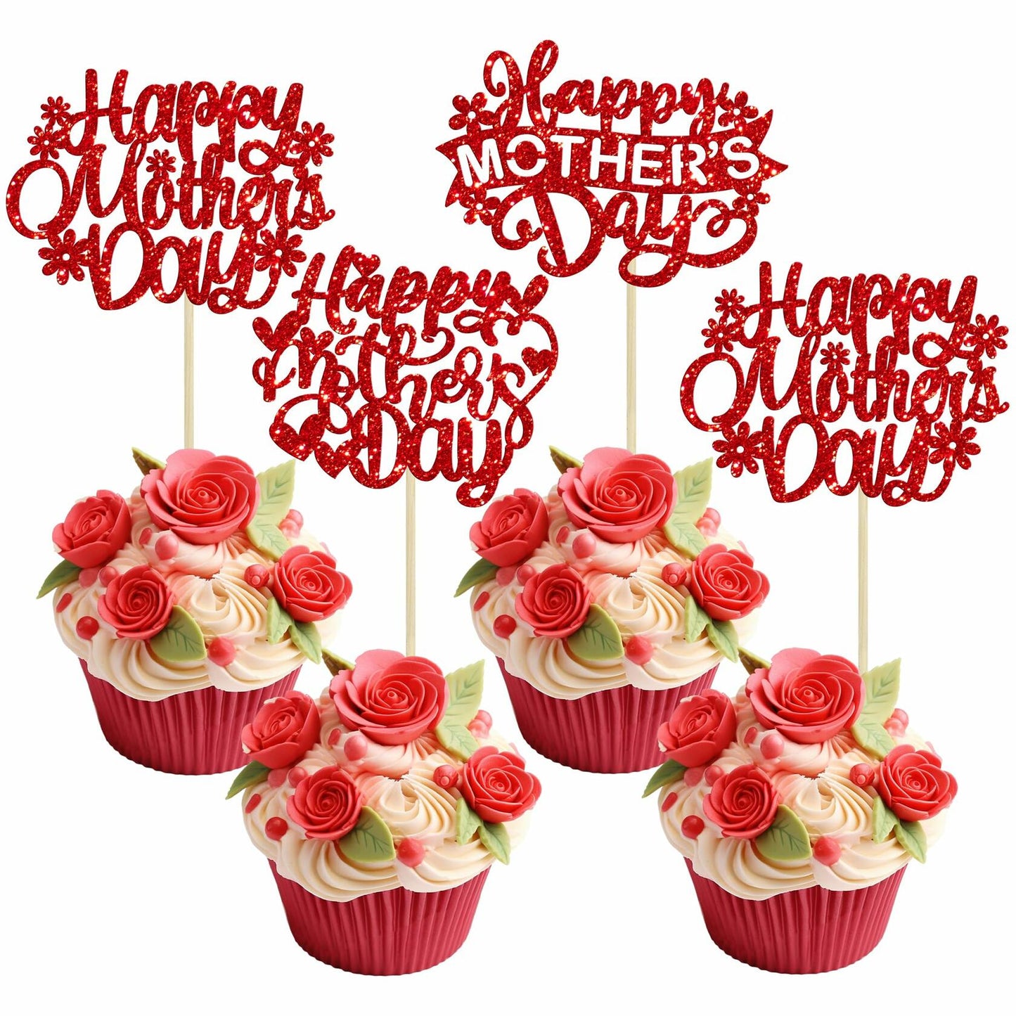 Gyufise 24PCS Happy Mother’s Day Cupcake Toppers Glitter Love Mom Picks