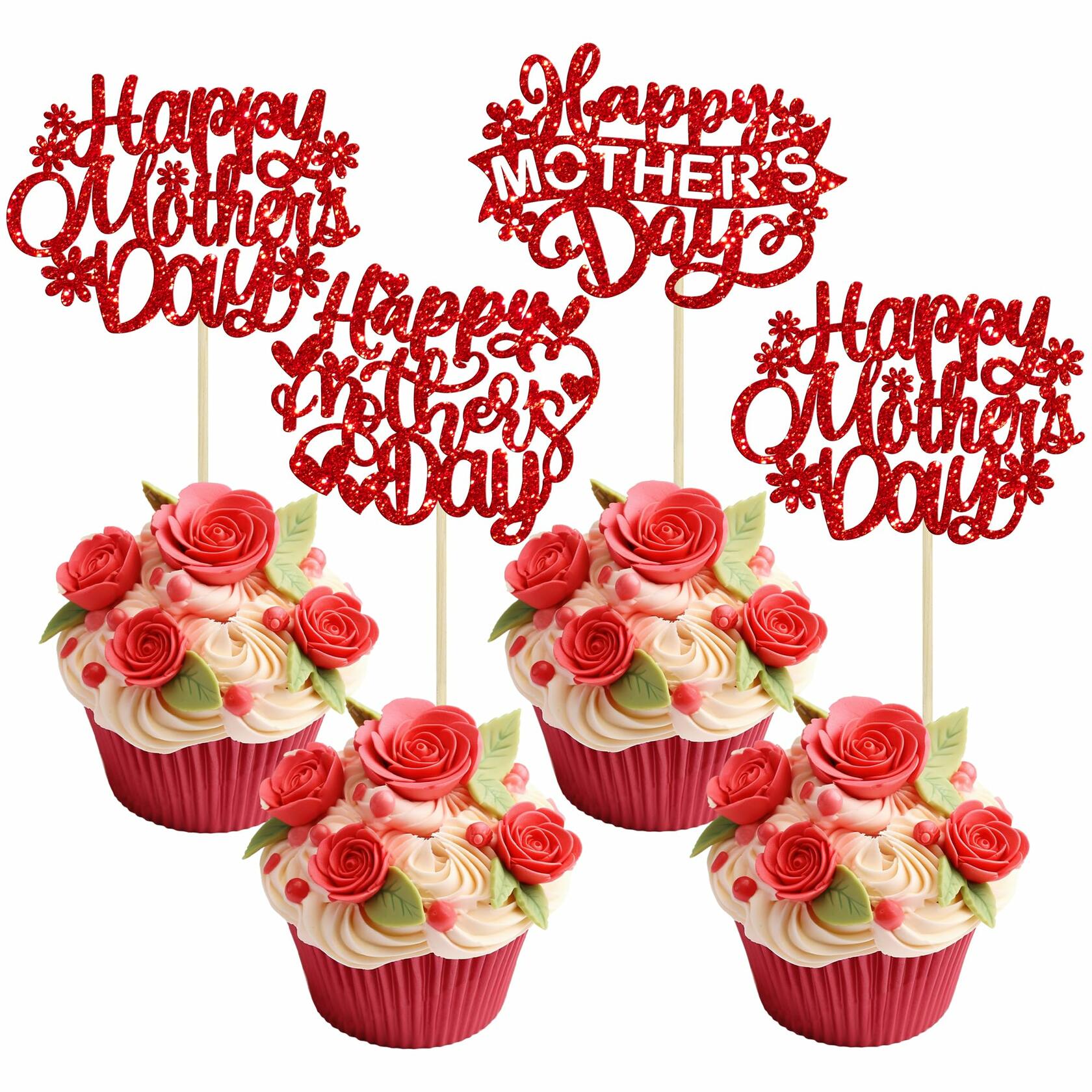 Gyufise 24PCS Happy Mother’s Day Cupcake Toppers Glitter Love Mom Picks