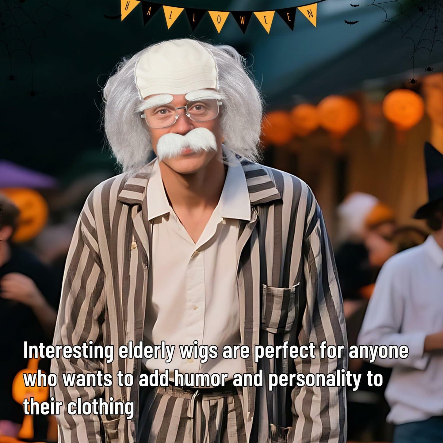 WEFONLLICOS Old Man Bald Cap Wig White Hair Grandpa Mustache Eyebrows Glasses