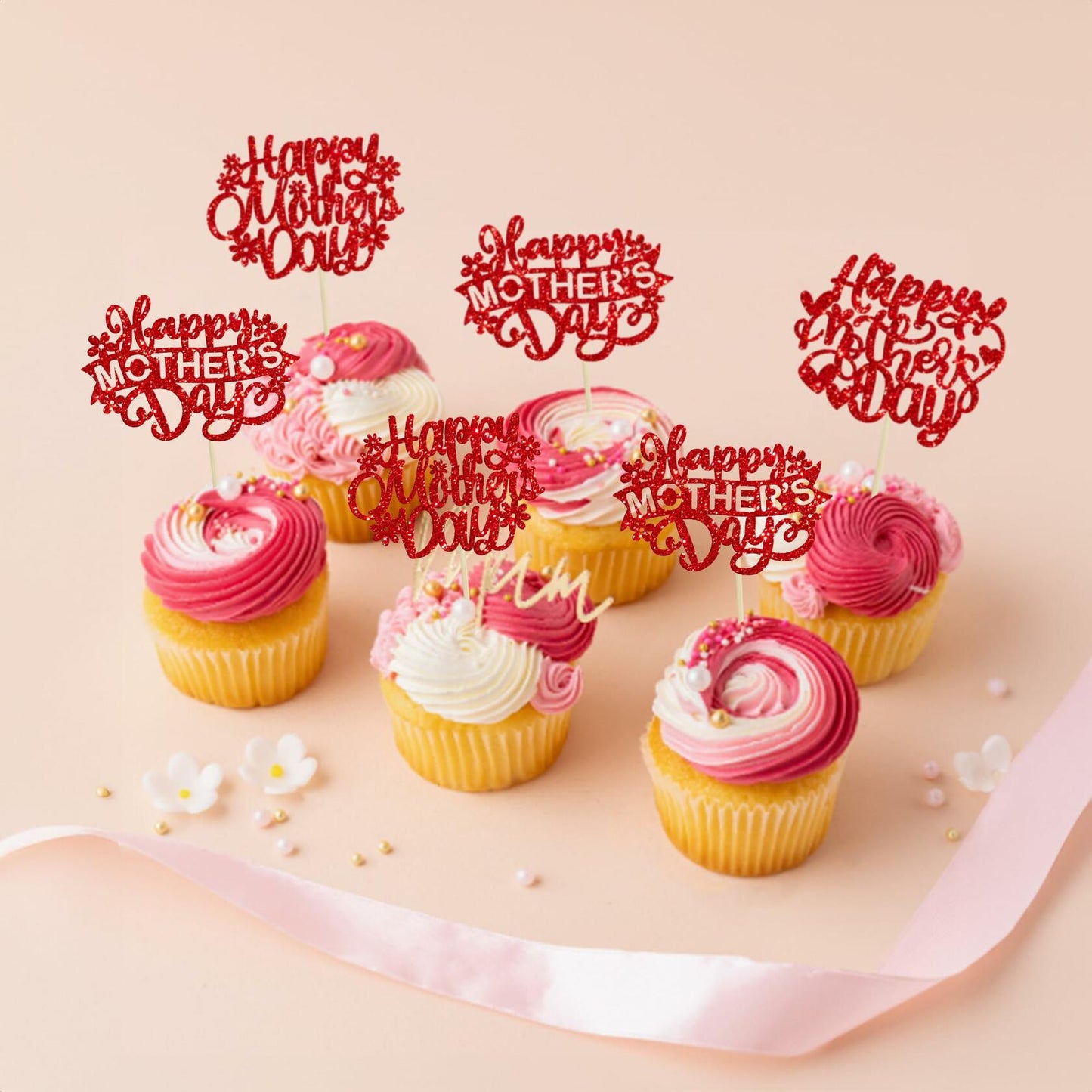 Gyufise 24PCS Happy Mother’s Day Cupcake Toppers Glitter Love Mom Picks