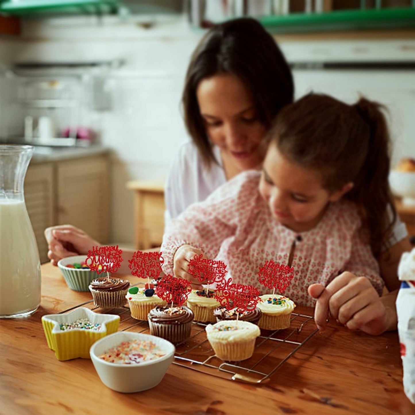 Gyufise 24PCS Happy Mother’s Day Cupcake Toppers Glitter Love Mom Picks