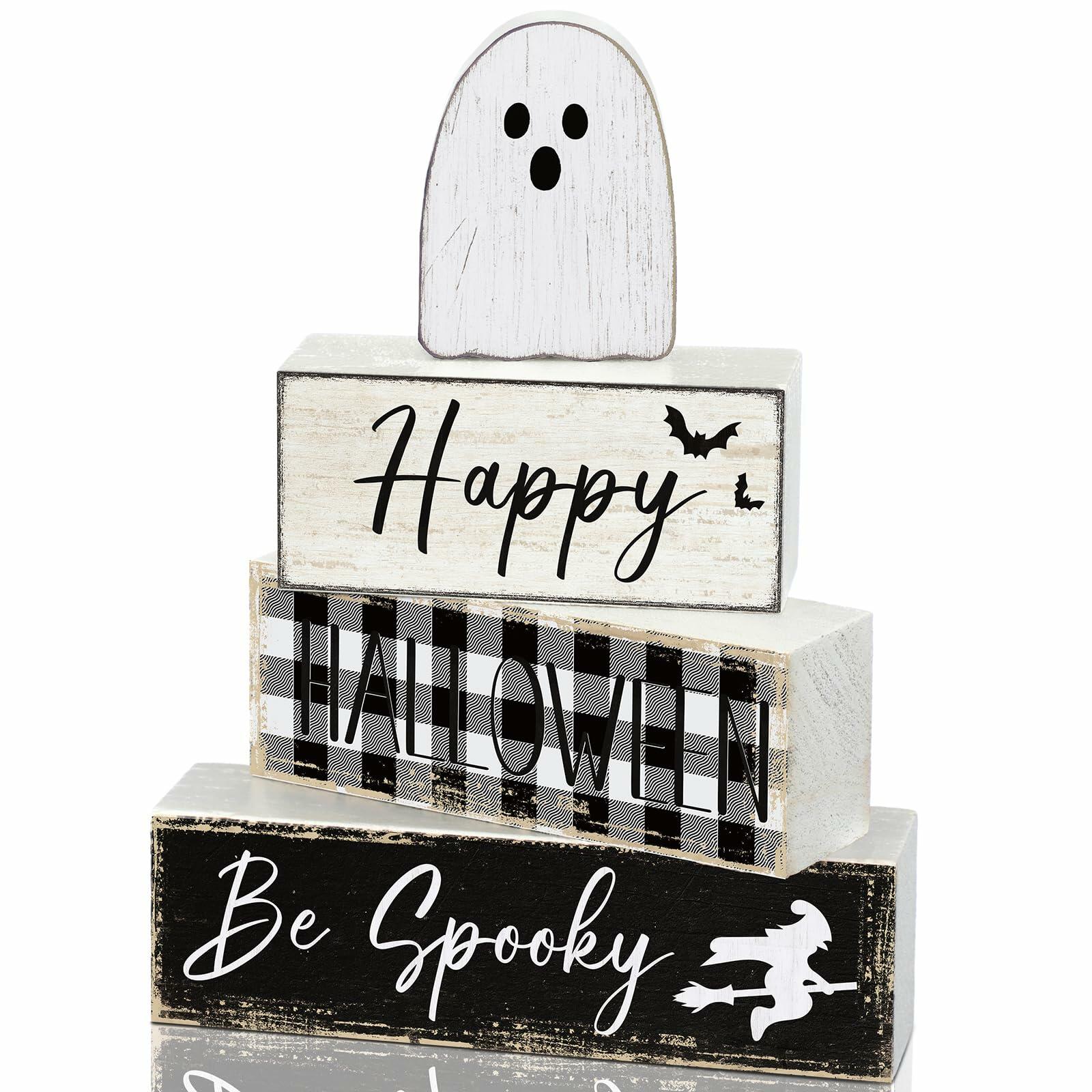 Yalikop Halloween Ghost Table Decor Wooden Block Signs Farmhouse 4 Pcs