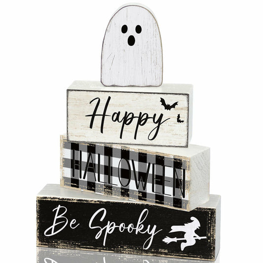Yalikop Halloween Ghost Table Decor Wooden Block Signs Farmhouse 4 Pcs
