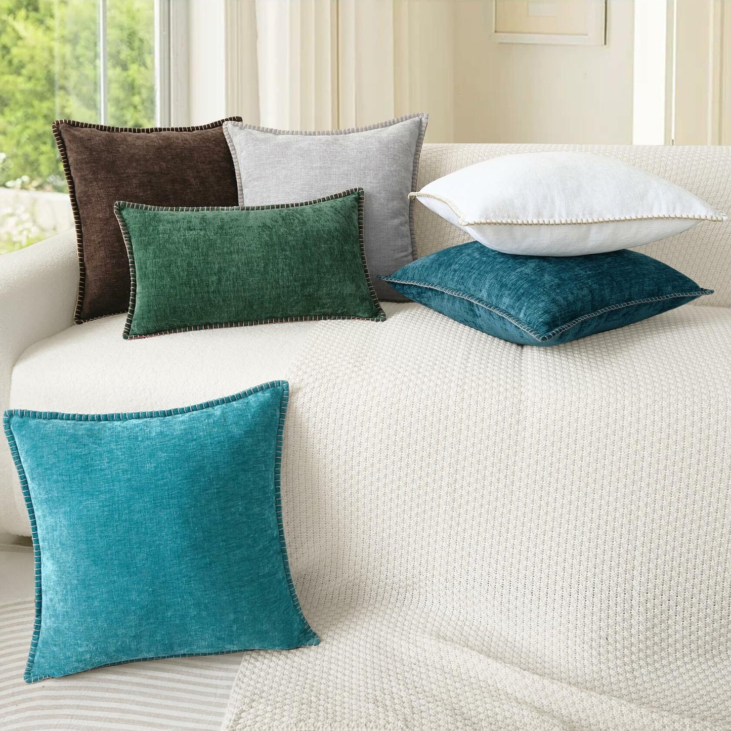 CaliTime Chenille Throw Pillow Covers 24x24 Set of 2 Lake Blue