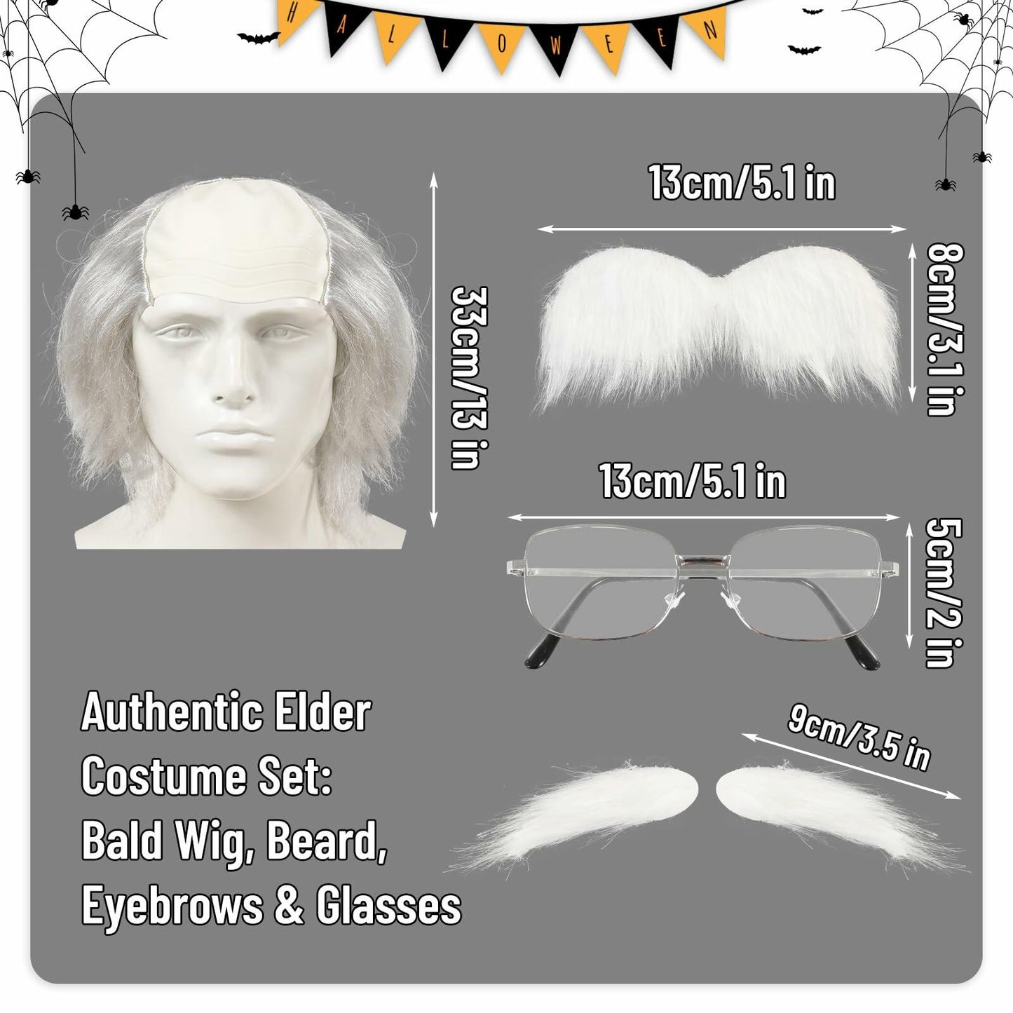 WEFONLLICOS Old Man Bald Cap Wig White Hair Grandpa Mustache Eyebrows Glasses