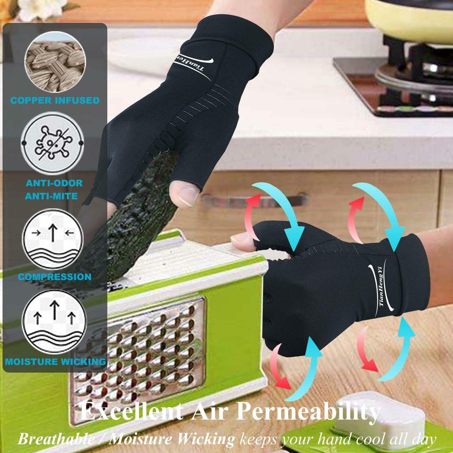 2 Pairs Copper Arthritis Gloves Fingerless Compression Pain Relief XL