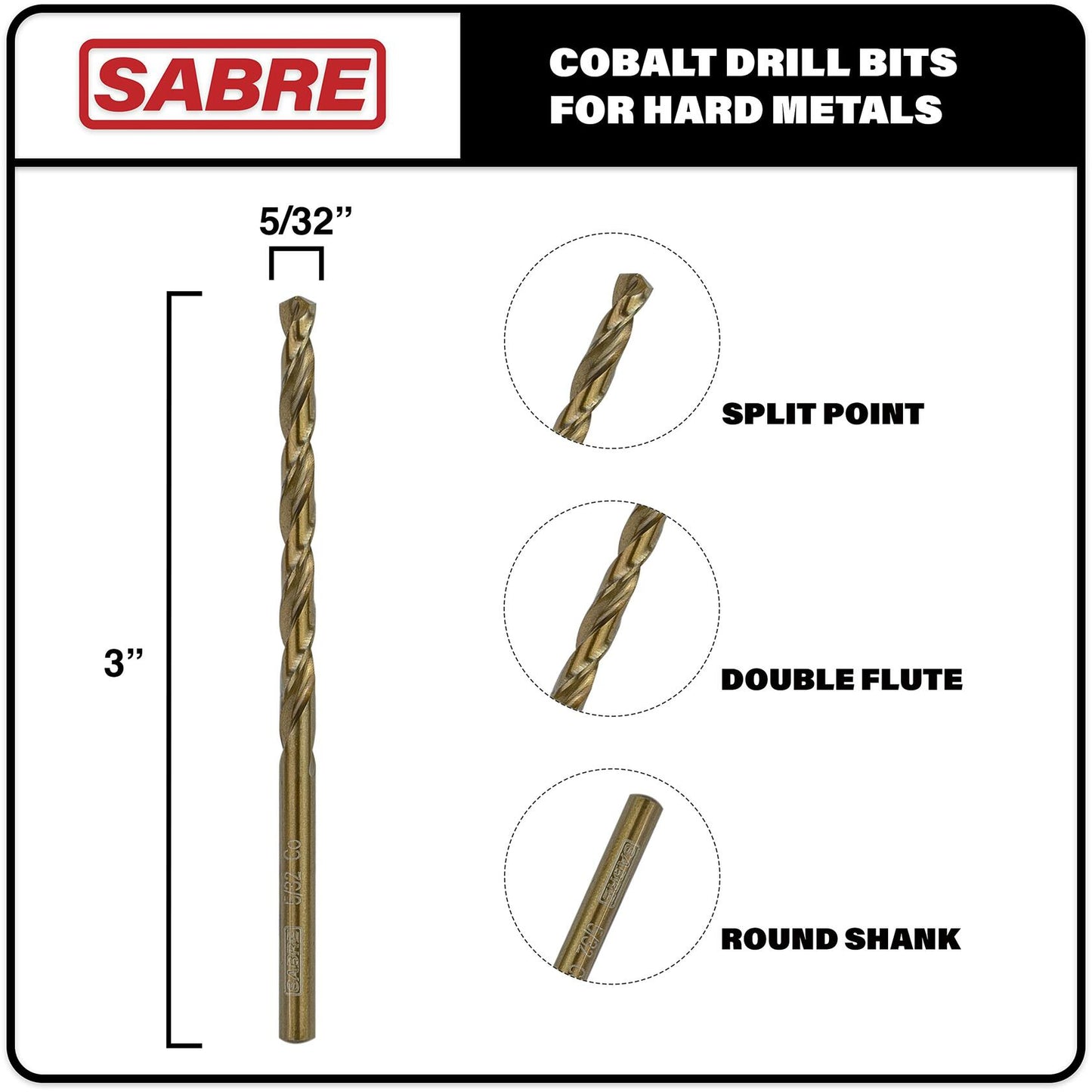 Sabre Tools 5/32” Cobalt Drill Bit Set 5pcs M35 Split Point Steel Metal Cast