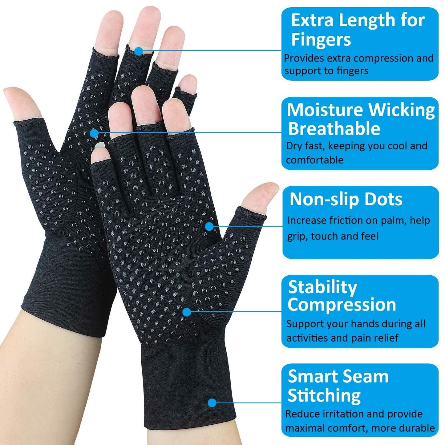 2 Pairs Arthritis Gloves Compression Fingerless Pain Relief Gloves Small
