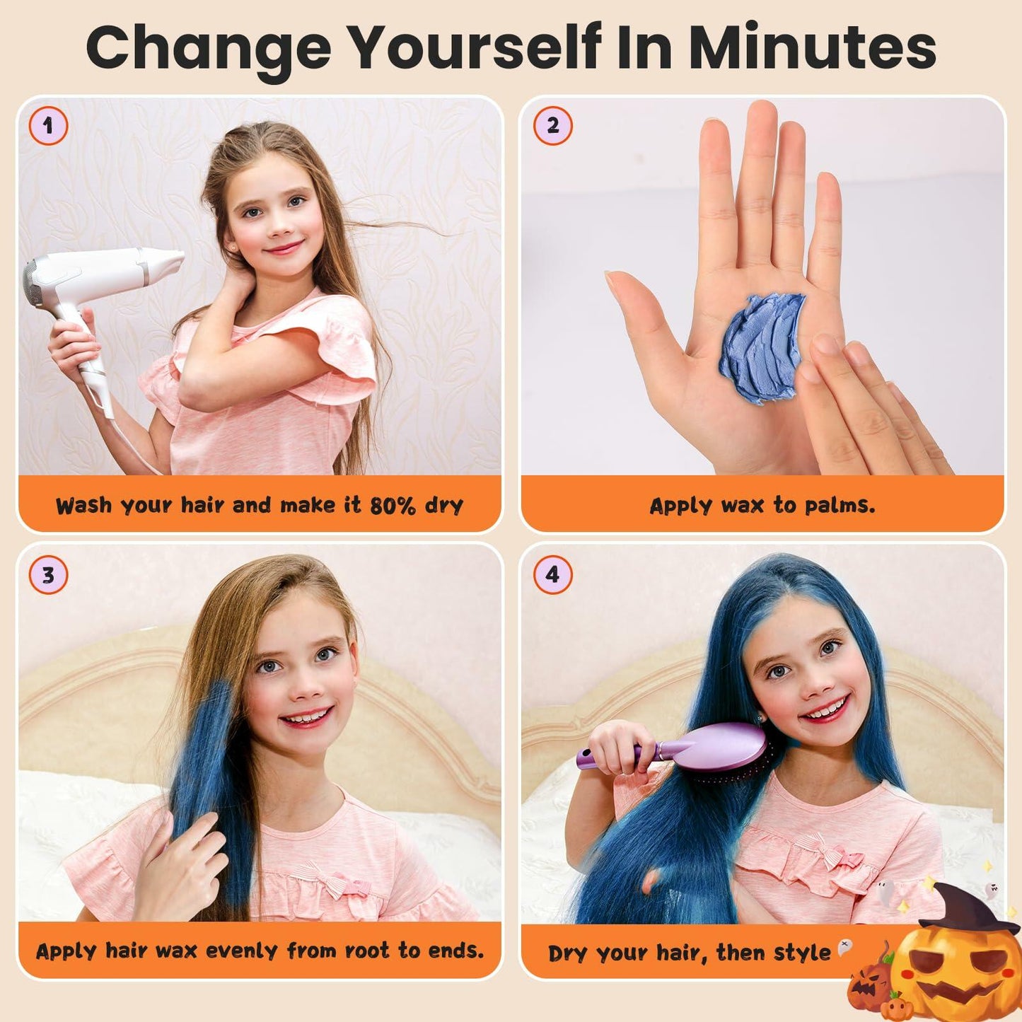 4 Colors Temporary Hair Wax for Kids Blue Green Red Gold Washable Hair Dye