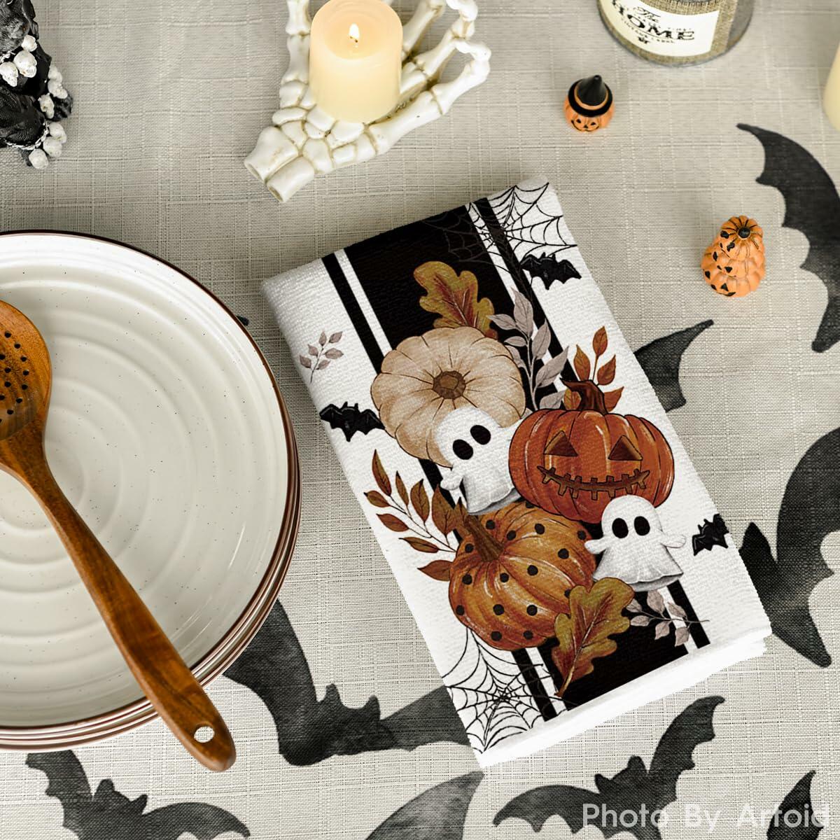 Artoid Mode Halloween Kitchen Towels Set 2 Black Polka Dot Pumpkin 18x26 Inch