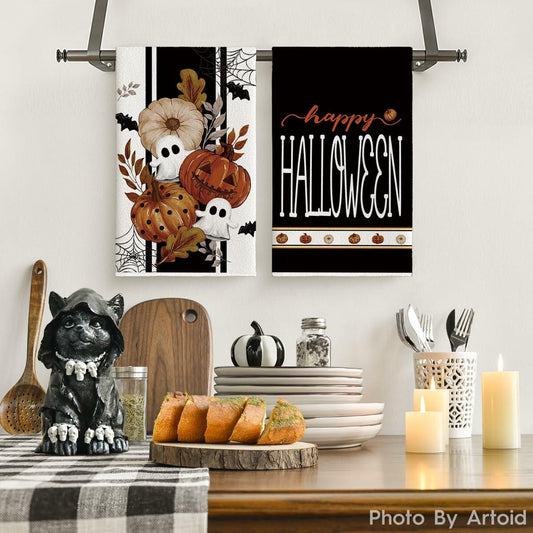 Artoid Mode Halloween Kitchen Towels Set 2 Black Polka Dot Pumpkin 18x26 Inch
