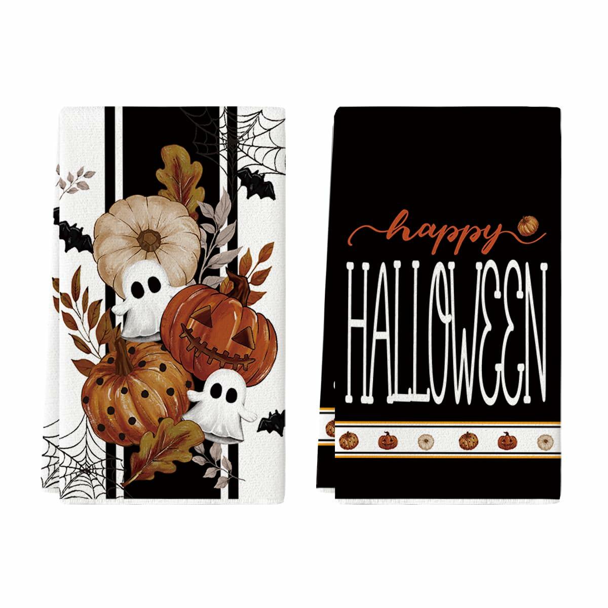 Artoid Mode Halloween Kitchen Towels Set 2 Black Polka Dot Pumpkin 18x26 Inch