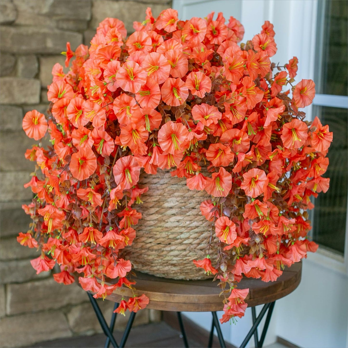 HyeFlora Fake Mums Artificial Fall Hanging Flowers 2 PCS Orange Brown Leaves