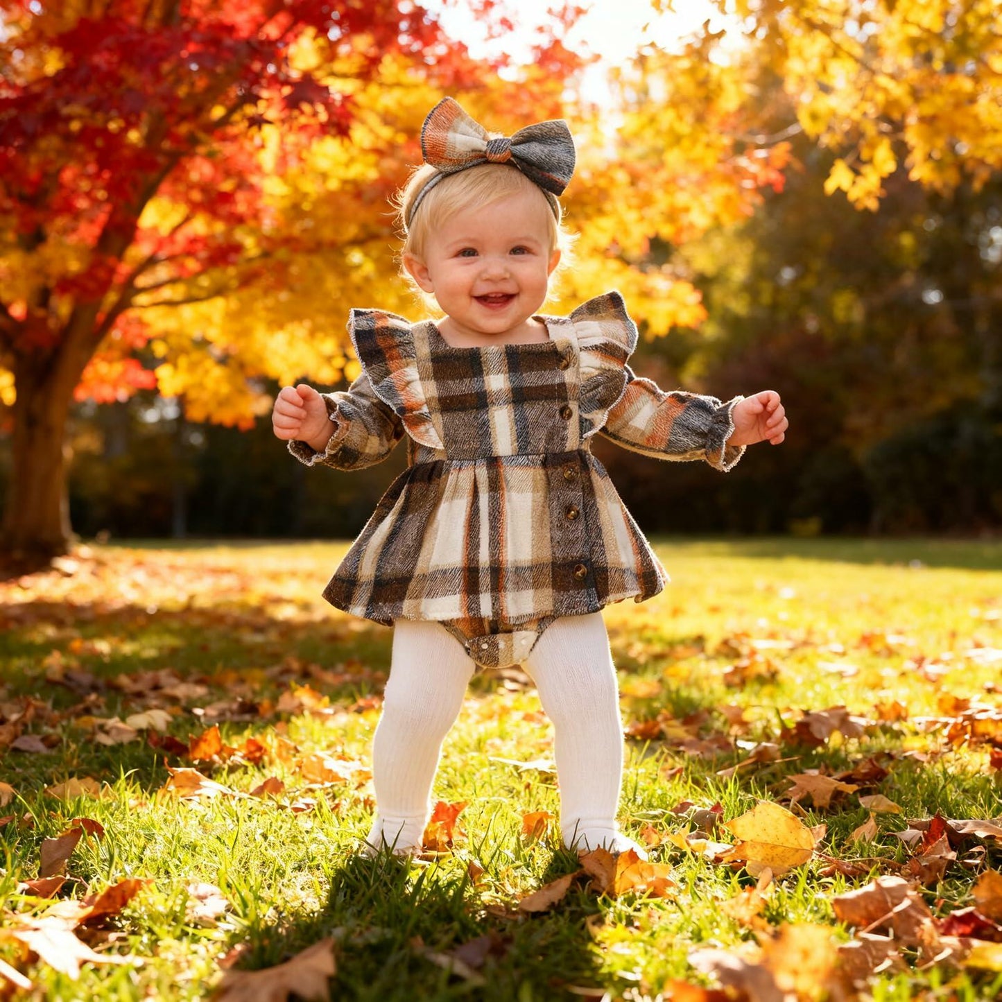 TITKKOP Baby Girl Plaid Romper Dress Bow Headband Khaki Size 6-12M