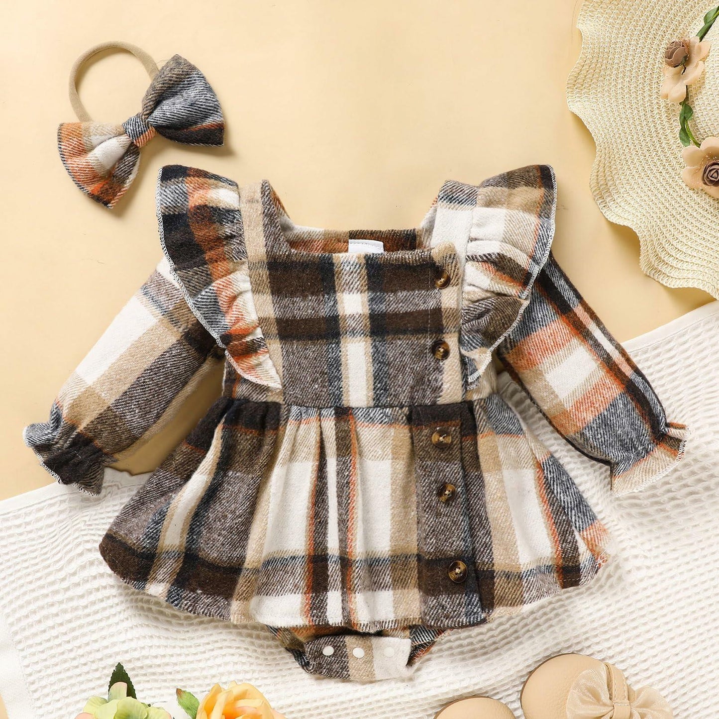 TITKKOP Baby Girl Plaid Romper Dress Bow Headband Khaki Size 6-12M