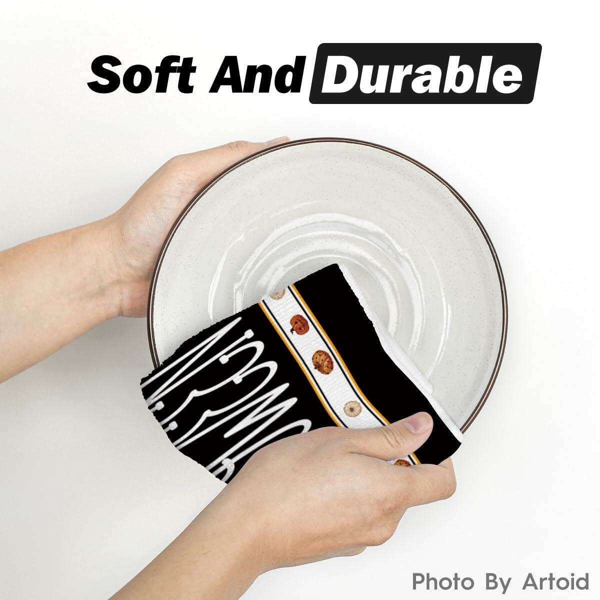 Artoid Mode Halloween Kitchen Towels Set 2 Black Polka Dot Pumpkin 18x26 Inch